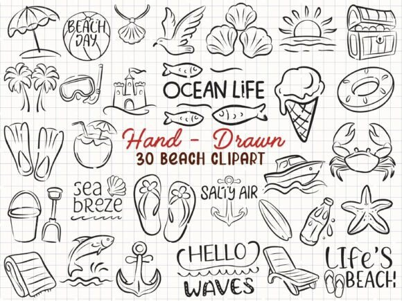 Download Beach Svg Bundle, Ocean Clipart Doodle - Beach Collection